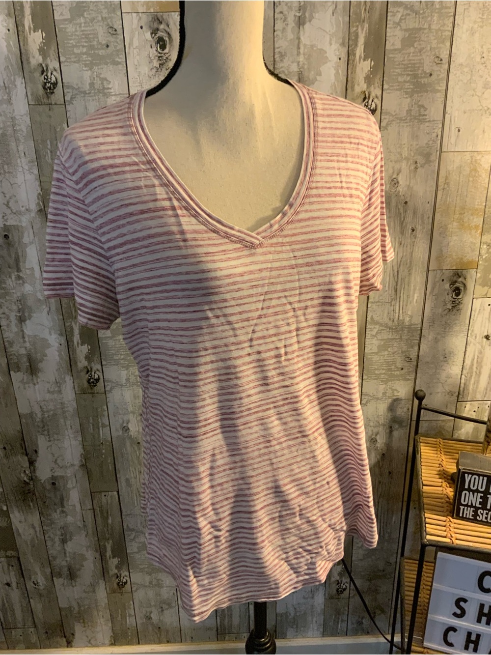 Kuhl Pink & White Striped V-Neck Short Sleeve Tee